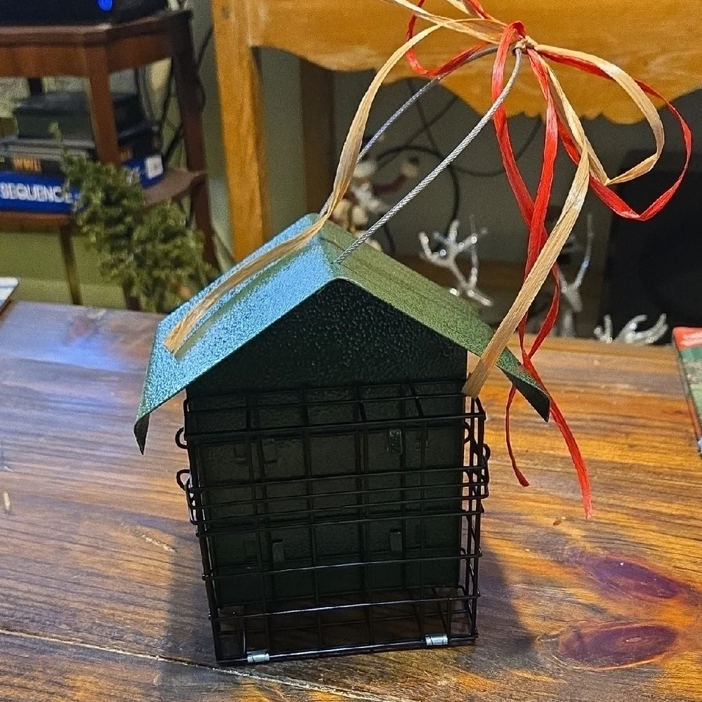 Green and Black Bird Feeder with Red Ribbon & Bird Suet New